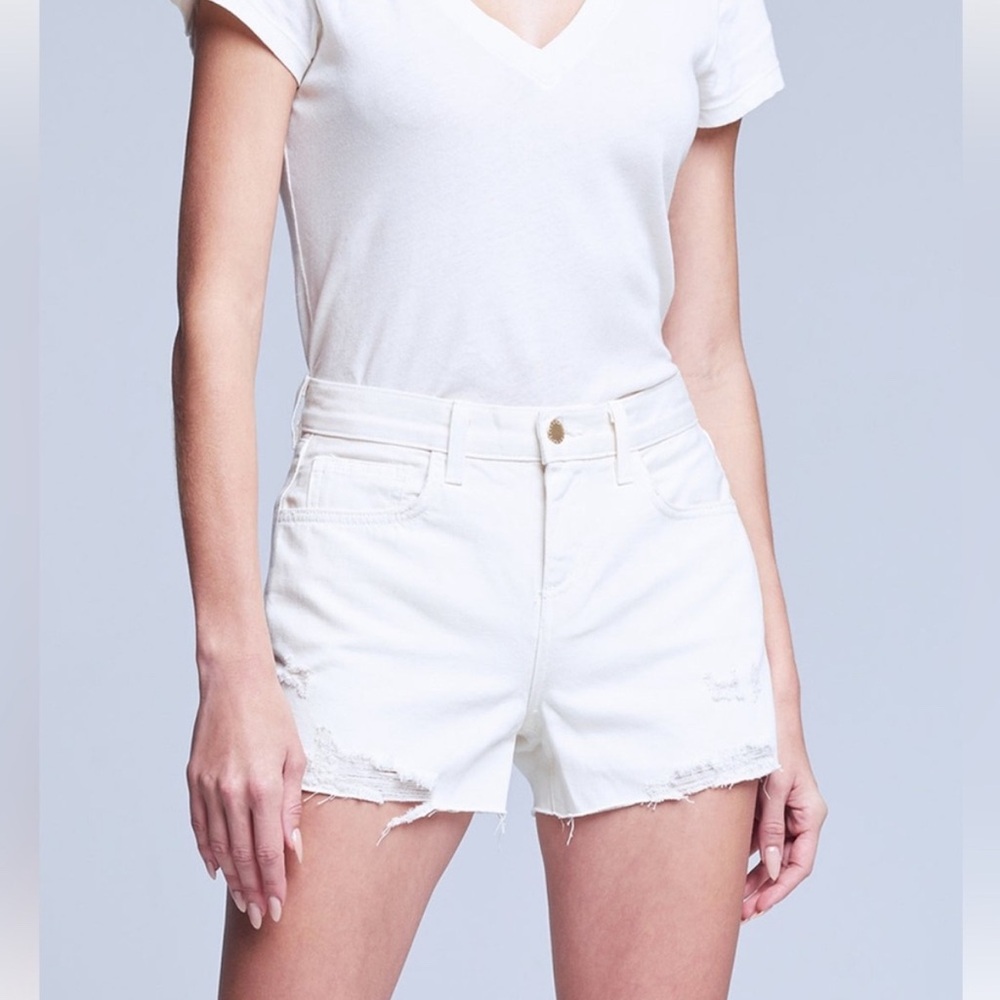 L'AGENCE White Jean Shorts Distressed High-Waisted